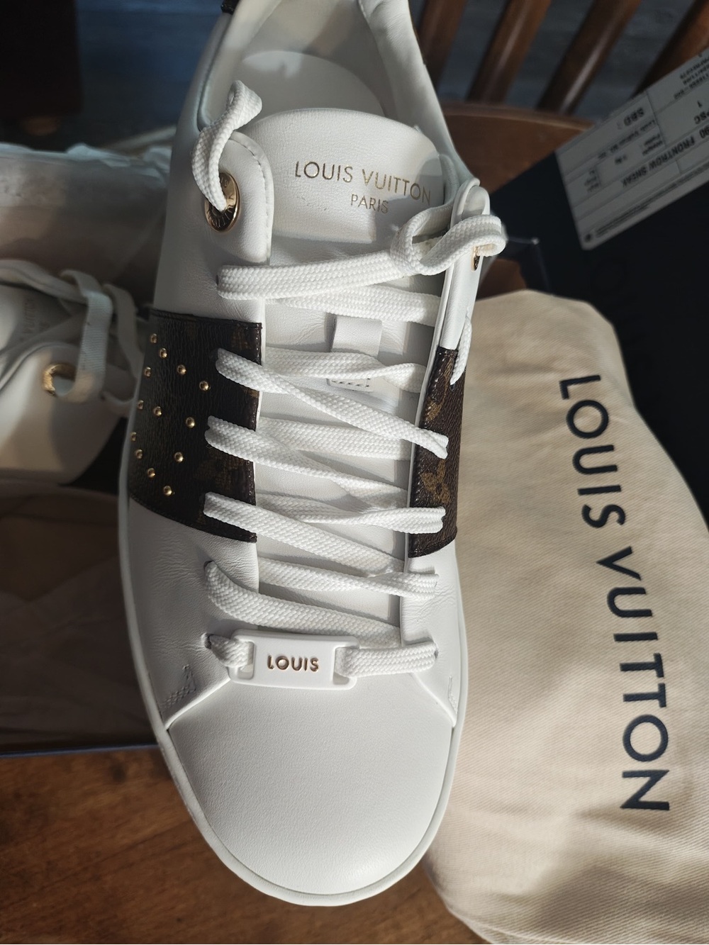 Louis Vuitton White Leather Sneakers with Monogram Canvas Strap and Gold Studs